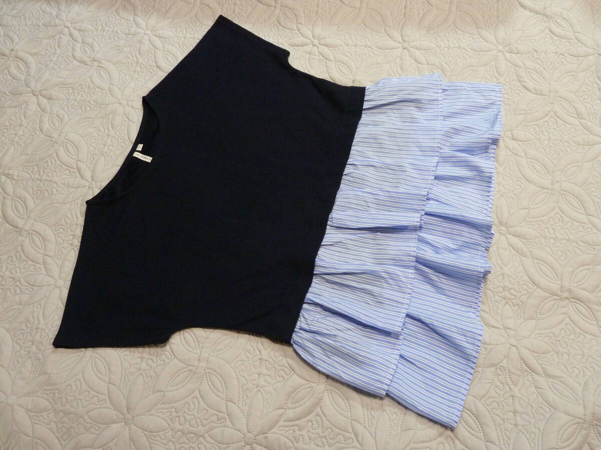 春夏 1回著用 美品 HK WORKSLONDON ネイビーX水色白ストライプ 2段フリル 異素材 ドルマン プルオーバー L LL ゆうパケ300円発送 同梱OK