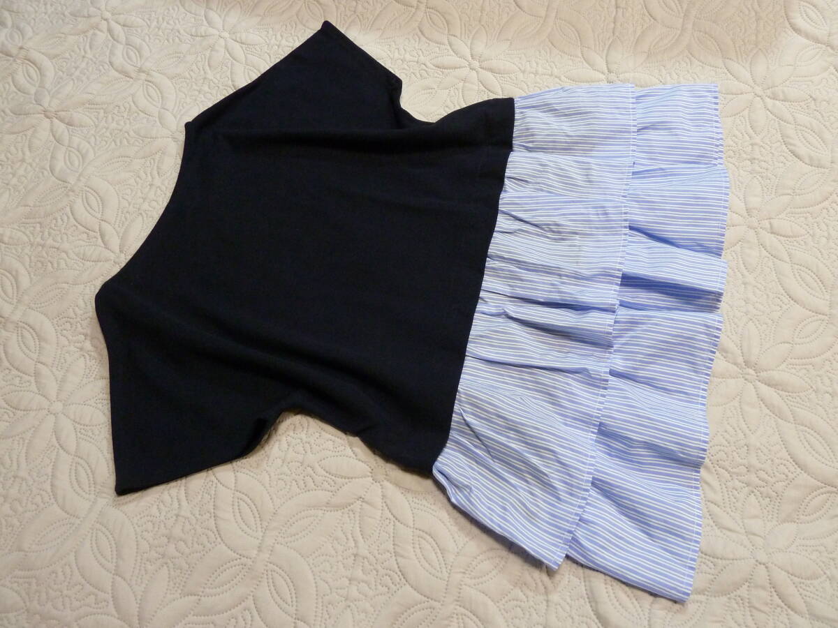 春夏 1回著用 美品 HK WORKSLONDON ネイビーX水色白ストライプ 2段フリル 異素材 ドルマン プルオーバー L LL ゆうパケ300円発送 同梱OK