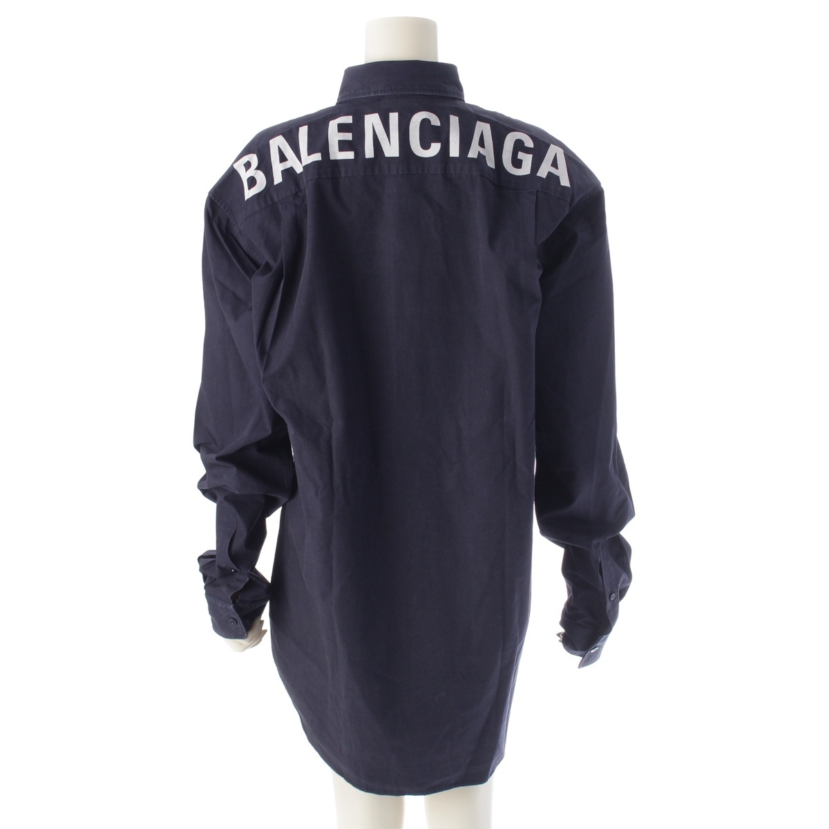 バレンシアガ 19年 コットン バックロゴ オーバーサイズ 長袖シャツ 556878 ネイビー 37【中古】_画像1