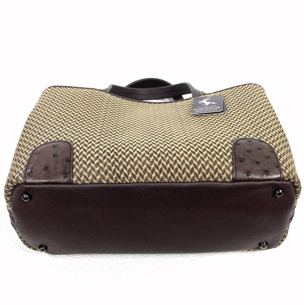 ☆未使用☆ 格安品！ ホースヘアー ＆ オーストリッチ トートバッグ 矢絣柄 ベージュ/ブラウン_画像6