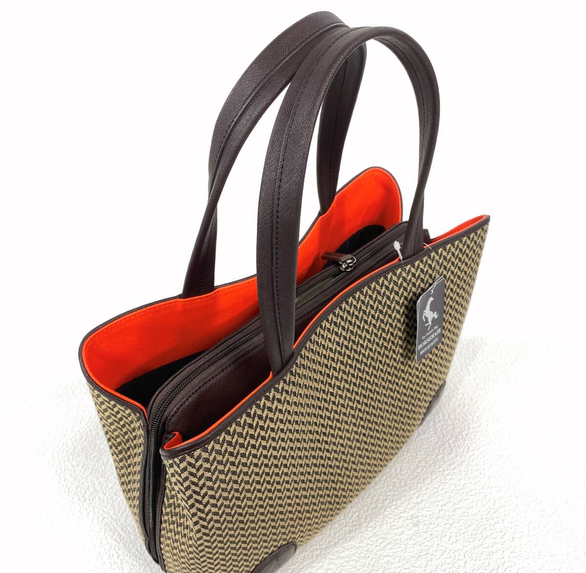 ☆未使用☆ 格安品！ ホースヘアー ＆ オーストリッチ トートバッグ 矢絣柄 ベージュ/ブラウン_画像5