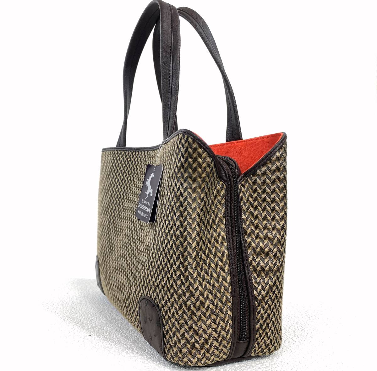 ☆未使用☆ 格安品！ ホースヘアー ＆ オーストリッチ トートバッグ 矢絣柄 ベージュ/ブラウン_画像4