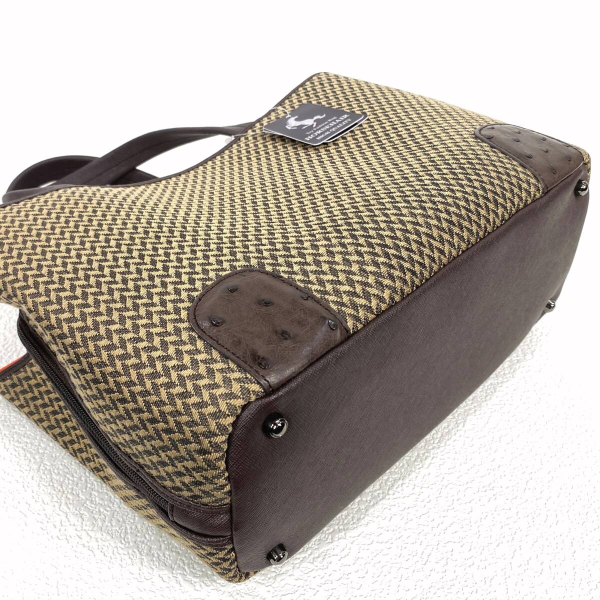 ☆未使用☆ 格安品！ ホースヘアー ＆ オーストリッチ トートバッグ 矢絣柄 ベージュ/ブラウン_画像7