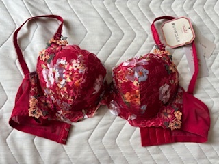 新品★トリンプ★C75★ブラジャー★ブラック★きれい赤・お花飾り付き★お花模様レース★ブラ★レッドレーベル ｆ_画像1