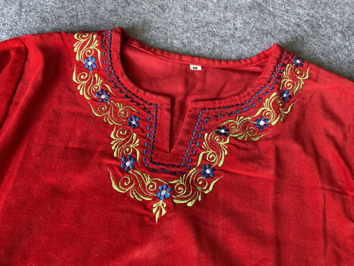 送料込 即決 エスニック アジアン ベトナム 豪華刺繍 チュニック ベロア レッド Ｍ
