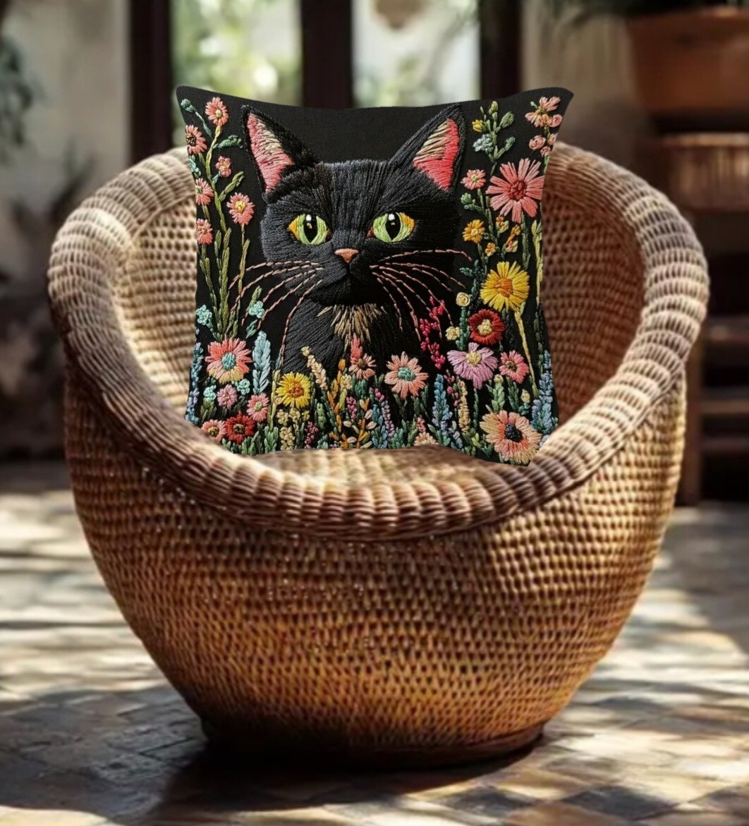 クッションカバー　猫H　黒猫　刺繍風　４５ｃｍ　猫の雑貨　HANAKO_画像9