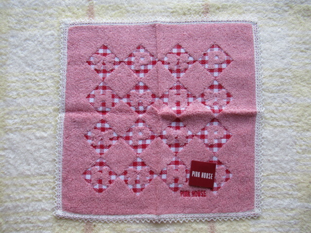 新品★ピンクハウス★タオルハンカチ★縁レース★ピンク系×赤のチェック★ロゴ・リボン柄★PINK HOUSE_画像1