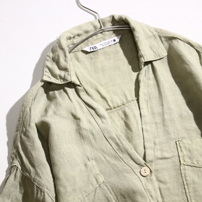 美品 ZARA ザラ 夏 オーガンジー 涼し気 麻100% ゆったり ドロップショルダー 半袖 シャツ M カーキ 淡い グリーン 緑 リネン シャツ 無地_画像2