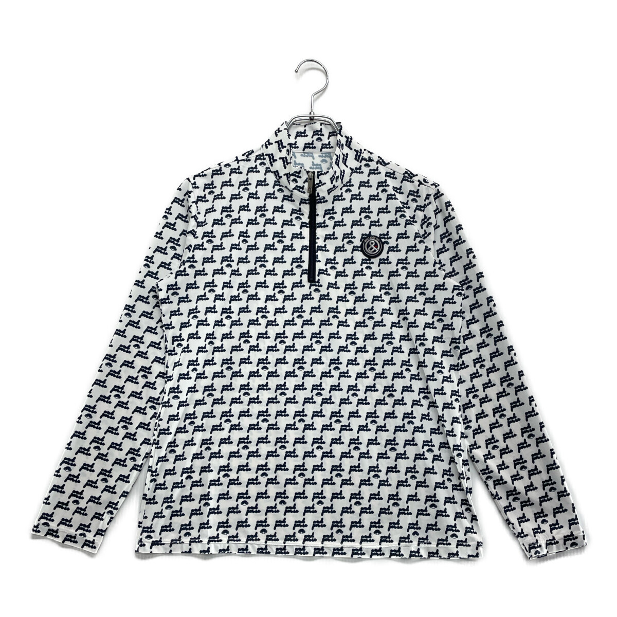 coco 中古【SALE】アンパスィ and per se レディース 長袖シャツ L 白×紺 ハーフジップ 総柄 ネコパケ発送可 99127_画像1