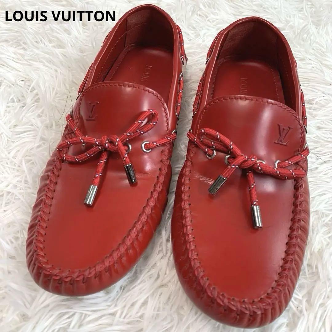 LOUIS VUITTON【レザー/エンボス:ロゴ型押し◆ドライビングシューズ】26.5㎝ 紐 編み込み モカシン ローファー レッド メンズ ルイヴィトン_画像1