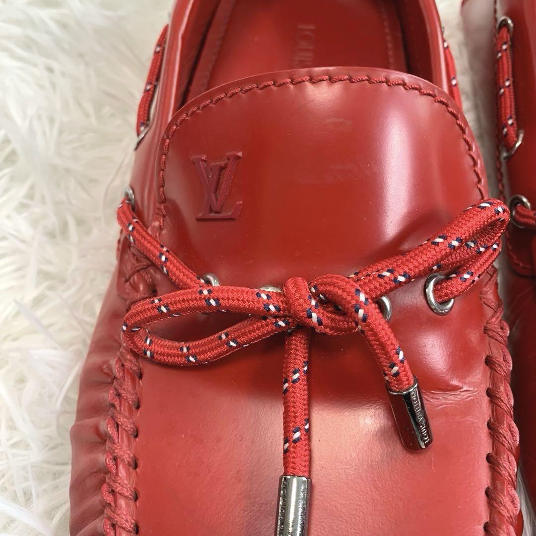 LOUIS VUITTON【レザー/エンボス:ロゴ型押し◆ドライビングシューズ】26.5㎝ 紐 編み込み モカシン ローファー レッド メンズ ルイヴィトン_画像3