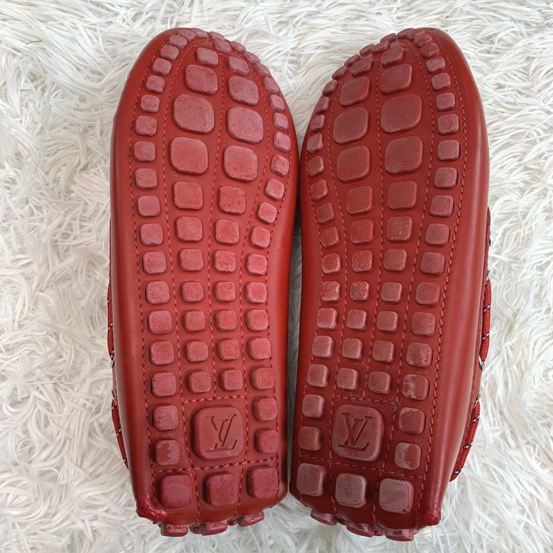 LOUIS VUITTON【レザー/エンボス:ロゴ型押し◆ドライビングシューズ】26.5㎝ 紐 編み込み モカシン ローファー レッド メンズ ルイヴィトン_画像7