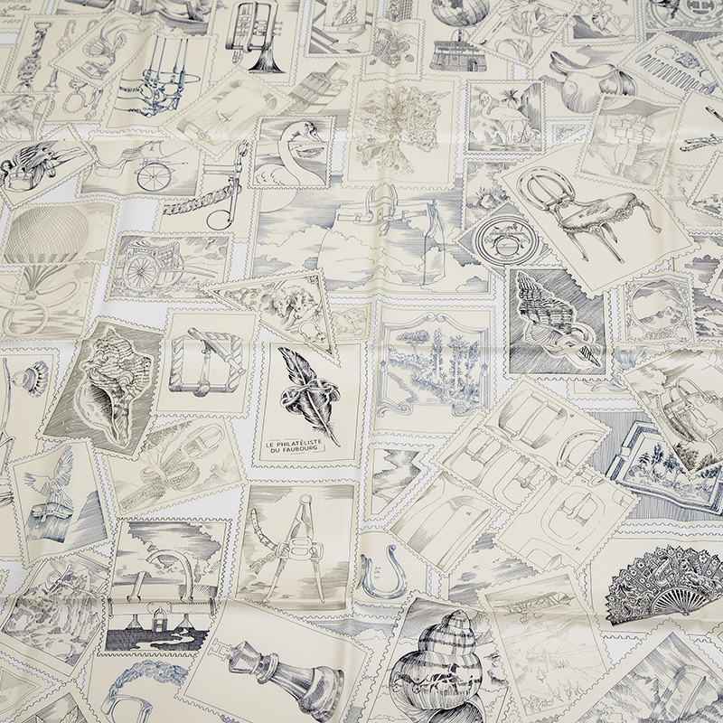 エルメス カレ90 フォーブルの切手愛好家 シルク グレー/パーシュマン/ホワイト_画像2