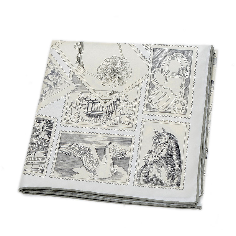 エルメス カレ90 フォーブルの切手愛好家 シルク グレー/パーシュマン/ホワイト_画像3