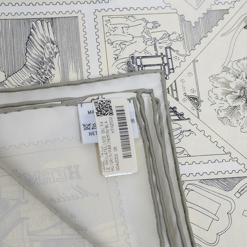 エルメス カレ90 フォーブルの切手愛好家 シルク グレー/パーシュマン/ホワイト_画像4