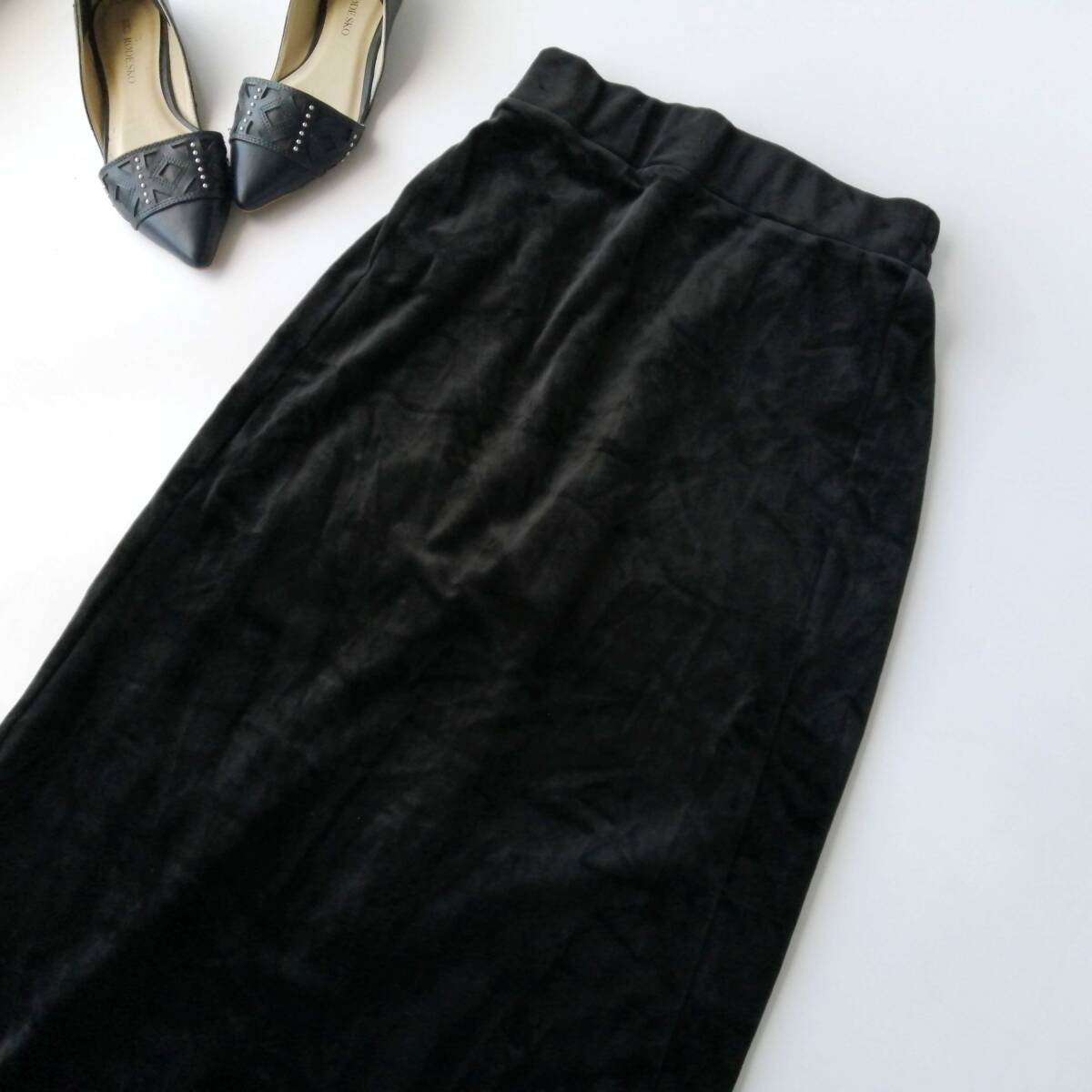Helm レディース♪ベロア風 ロングスカート タイトスカート 黒 Lサイズ 250829nr【4点同梱で送料無料】_画像1