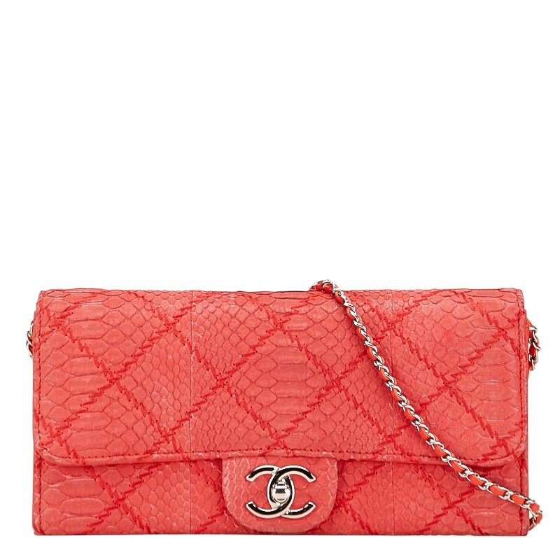 シャネル ココマーク ウルトラステッチ パイソン チェーン ワンショルダーバッグ レッド シルバー レザー レディース CHANEL 【中古】_画像1