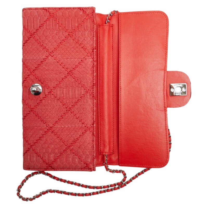 シャネル ココマーク ウルトラステッチ パイソン チェーン ワンショルダーバッグ レッド シルバー レザー レディース CHANEL 【中古】_画像6