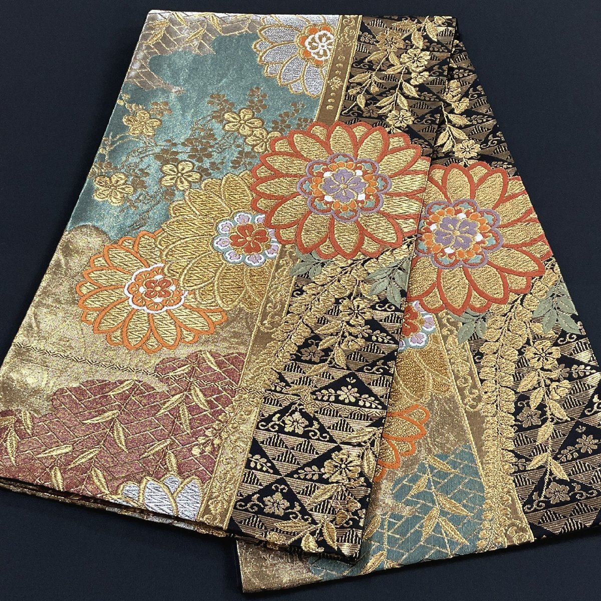 着物月花　引箔　艶やかな花　袋帯　六通柄　正絹　金銀糸　帯芯無し仕立て　ob6447_画像7