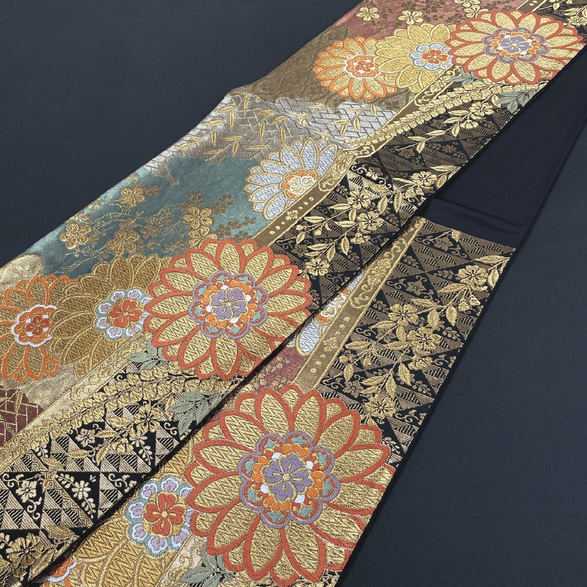 着物月花　引箔　艶やかな花　袋帯　六通柄　正絹　金銀糸　帯芯無し仕立て　ob6447_画像1