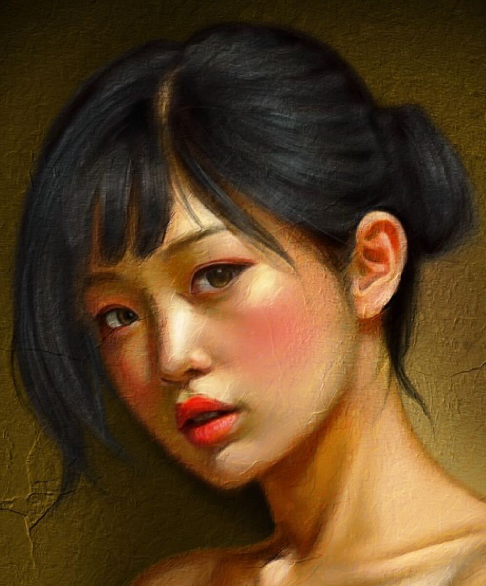 板材に映し出された美しい女性をモデルにしたリアリズム人物画 油彩画風アート作品 再出品・最高傑作・裸婦画・美しい女性の絵画・肖像画・絵画