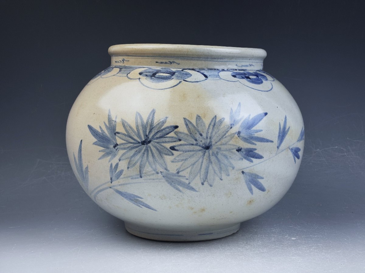 朝鮮韓国古玩 李朝 高麗白磁 染付 青華 草花文 丸壺 提灯