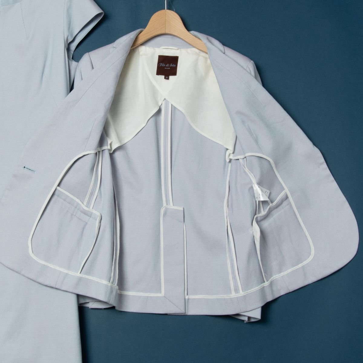 Filo di Seta フィロディセタ セットアップ シングルジャケット 背抜き フレンチスリーブミディ丈ワンピース 綿ストレッチ 薄紫 38 日本製_画像3
