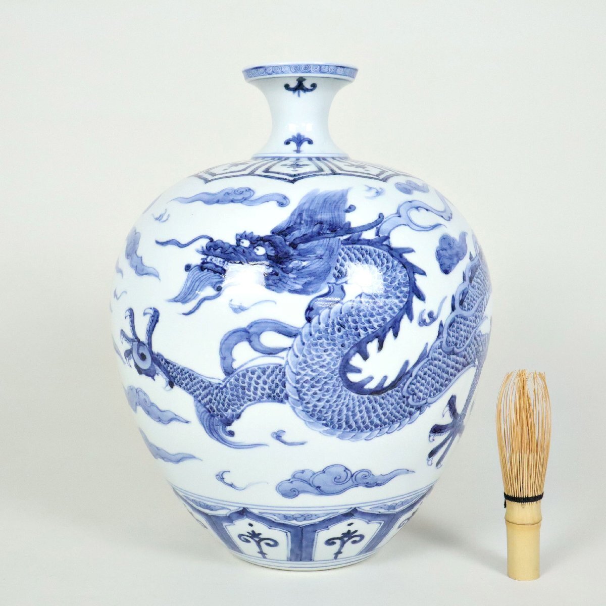 南山焼 二重生 花器 華道 古美術 工芸品 骨董品 名工 山本長左造 九谷焼 染付 花瓶 瑞竜文 共箱 壷 壺 花生 花入
