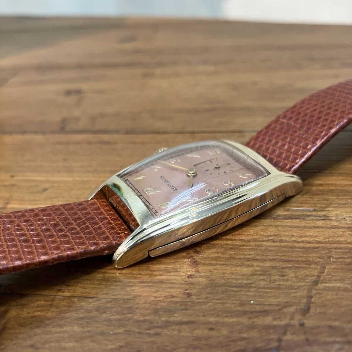 OH済み LONGINES ロンジン 10KGF 手巻き cal.10L オリジナル カッパーダイヤル ラージトノーケース オリジナル尾錠 希少 オメガ iwc Rolex _画像4