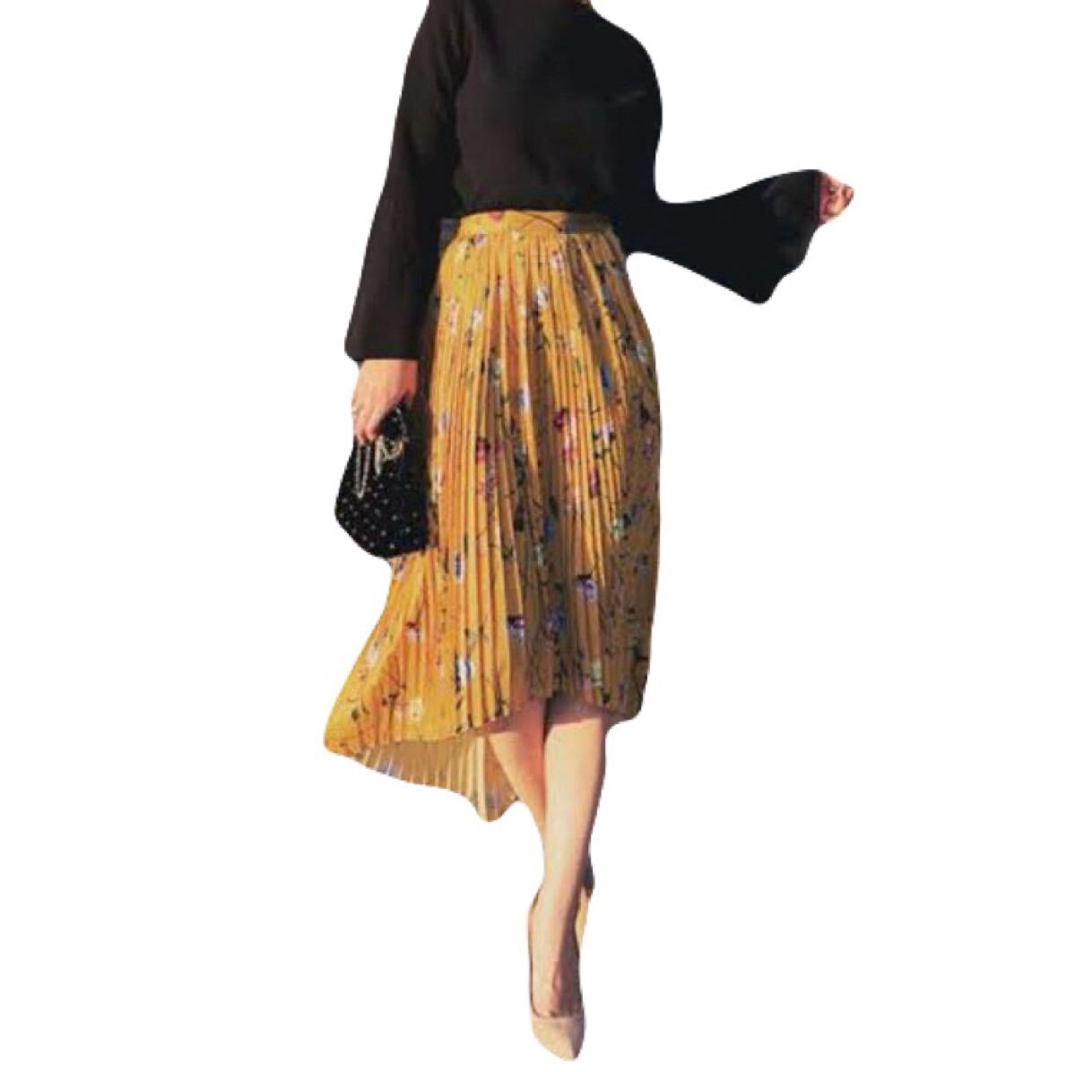 ミコアメリ くみっきー 花柄 プリーツ ロングスカート フラワー イエロー _画像1