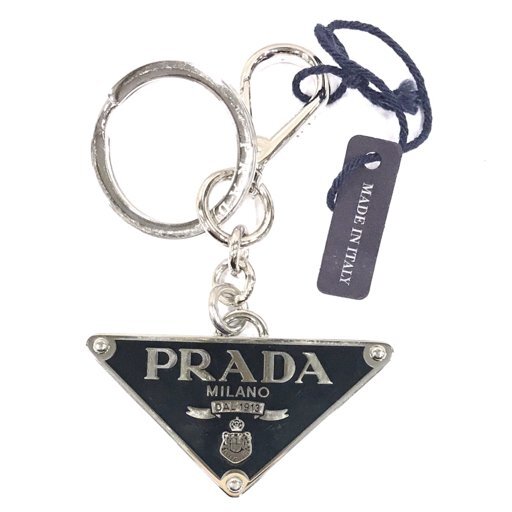 新品同様 プラダ 1PS057 ACCIAIO/SMALT/ACC/NER キーリング トライアングルロゴ キーホルダー 未使用品 PRADA UE_画像1