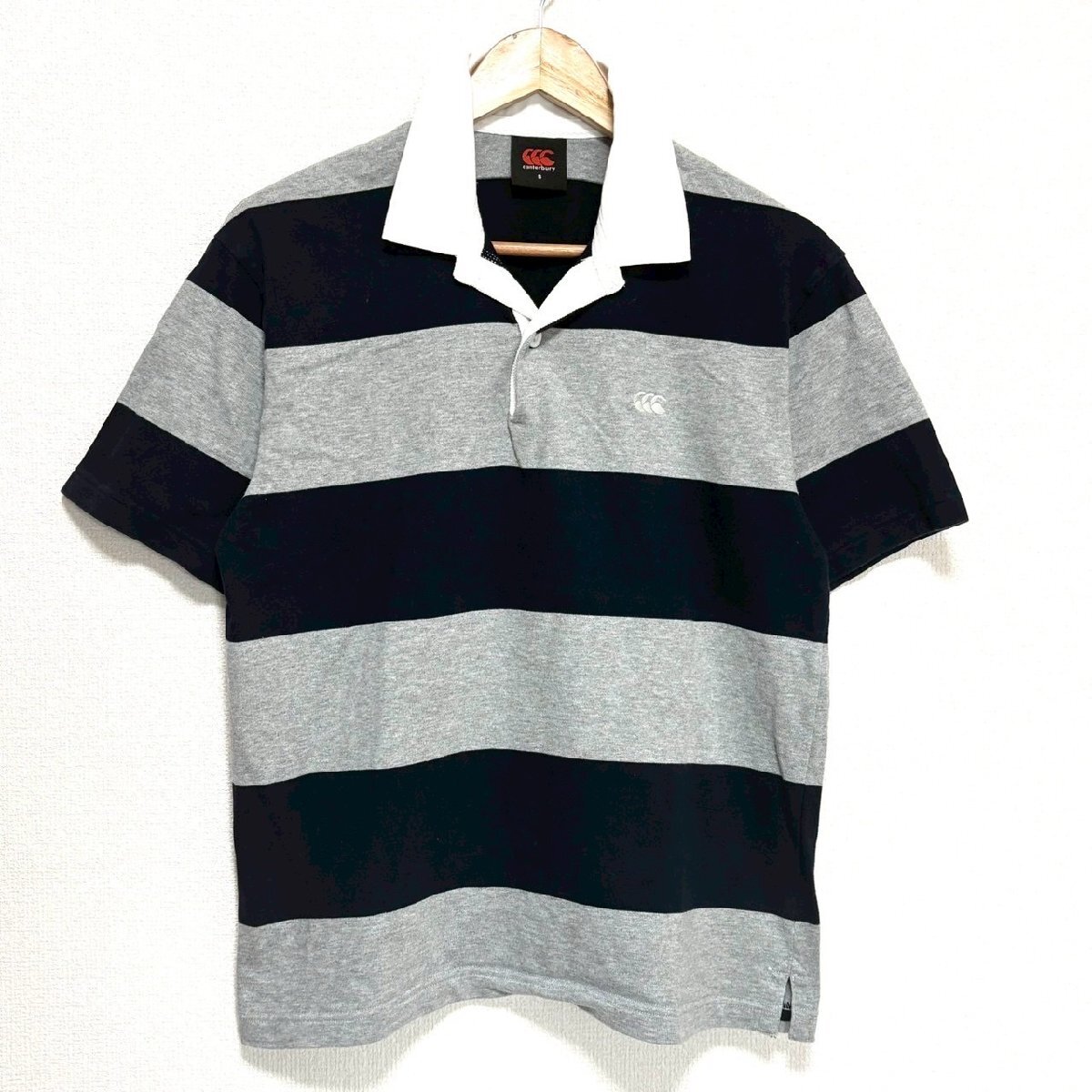 (^w^)b canterbury カンタベリー ポロシャツ 半袖 ラグビー ラガーシャツ コットン100% ボーダー カジュアル 普段着 グレー S/OY14919zz_画像1