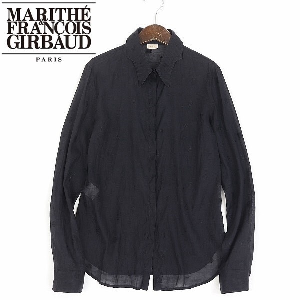 【FA455】◆MARITHE + FRANCOIS GIRBAUD マリテ フランソワ ジルボー シルク混 織り柄 シアー 長袖 ブラウス シャツ 黒 ブラック 44