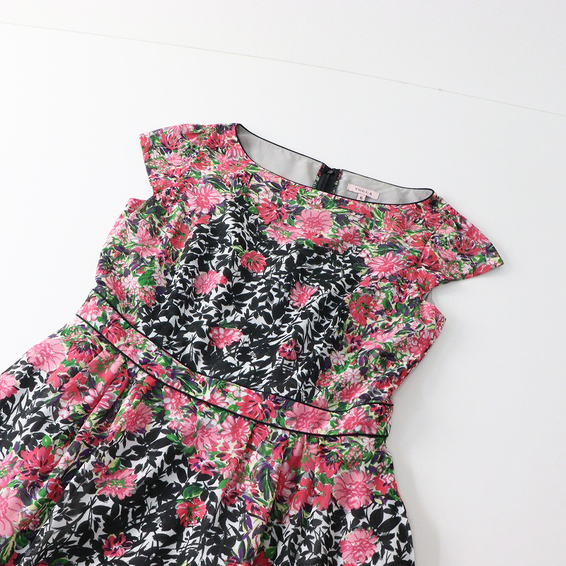 美品 トッカ TOCCA フラワープリント ショートスリーブワンピース 6 ピンク┃花柄ドレス 水墨画 シフォン素材【2400014587319】_画像6