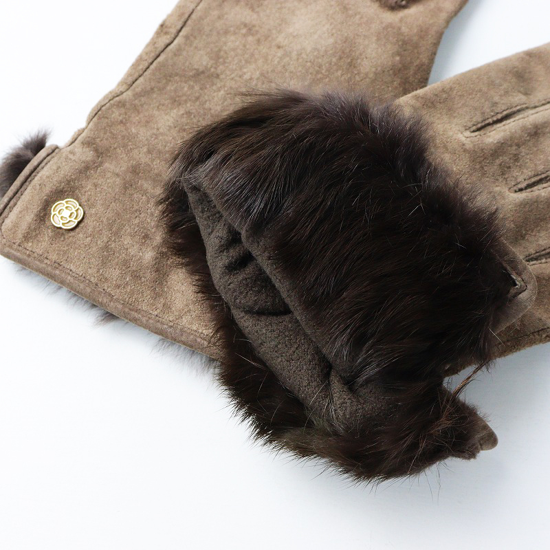 マリークワント MARY QUANT ファー使い スウェードレザーグローブ＼ブラウン モカ 革 手袋【2400014589054】_画像5