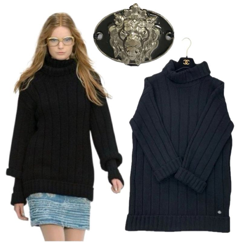 シャネル　CHANEL　黒　ニット　ワンピース　獅子　ココマーク　チュニック　レア　正規(guī)品　08A 38サイズ