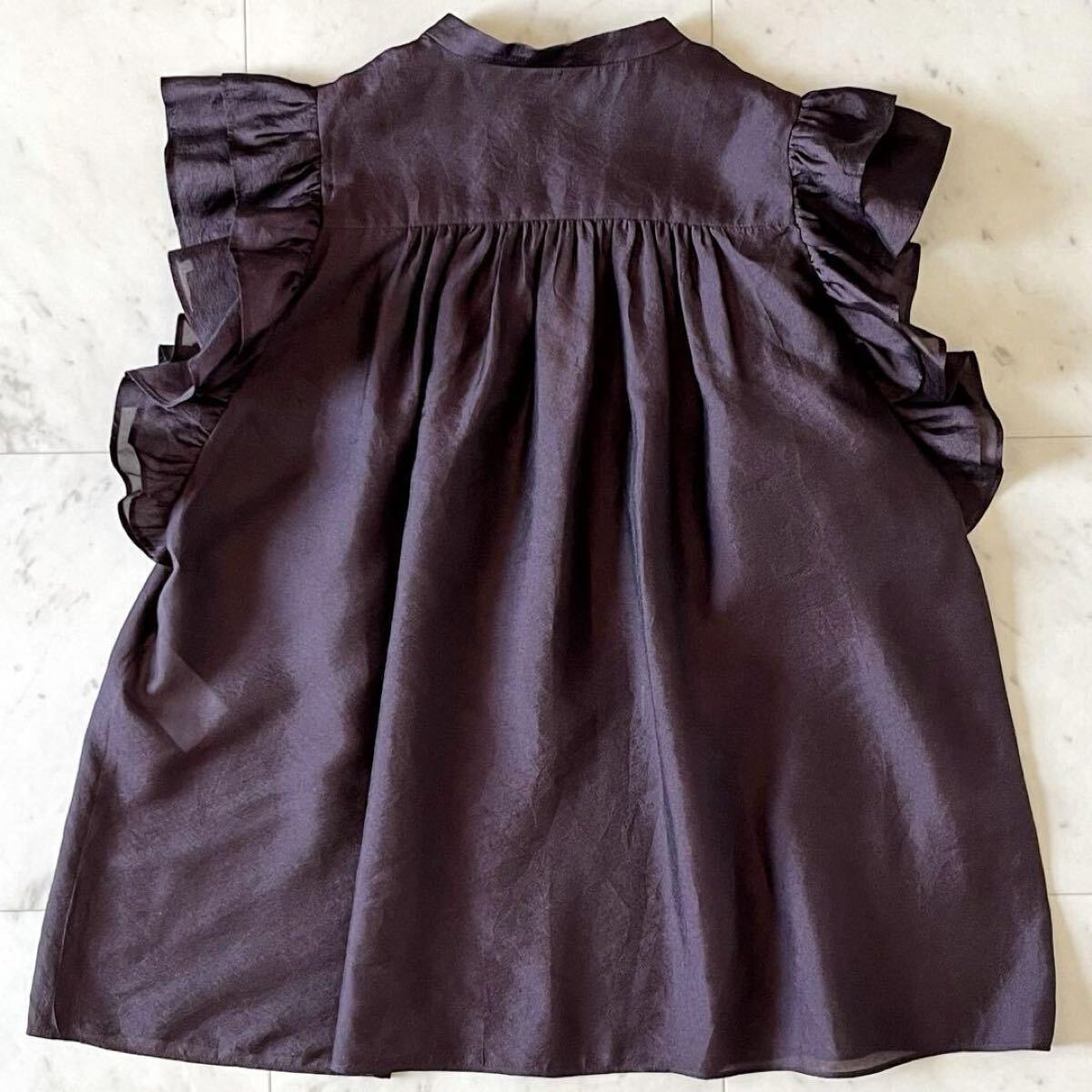 極美品＊プルミエアロンディスモン シアーフリルブラウス 36 ブラウン 洗える 極美品＊プルミエアロンディスモン シアーフリルブラウス 36