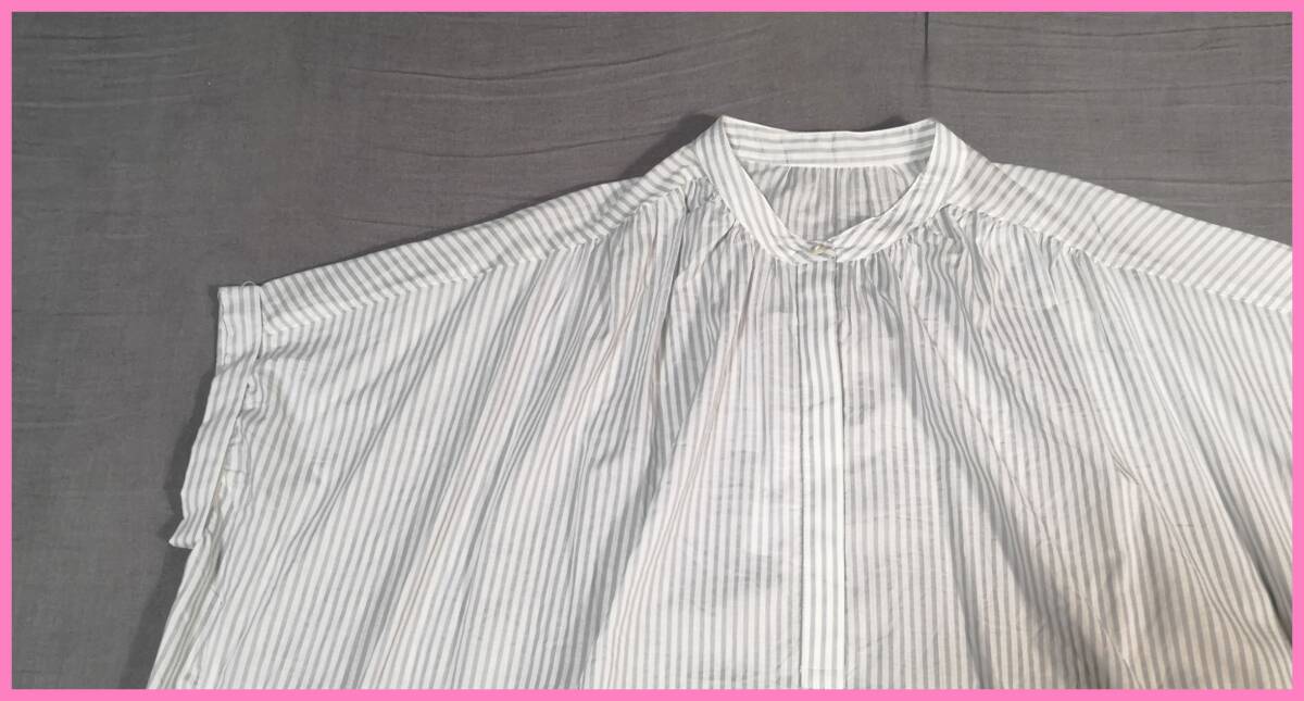 ＢＬＳ‐５０８‐４☆夏☆新品☆送料込み☆即決☆綿☆カッターシャツ素材☆M～L☆チュニック☆ライトグレー×白☆ストライプ☆プルオーバー