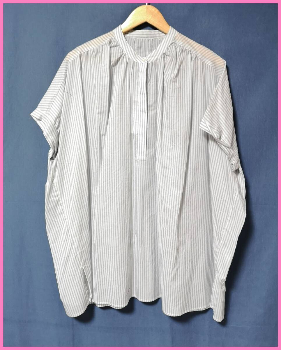 ＢＬＳ‐５０８‐４☆夏☆新品☆送料込み☆即決☆綿☆カッターシャツ素材☆M～L☆チュニック☆ライトグレー×白☆ストライプ☆プルオーバー