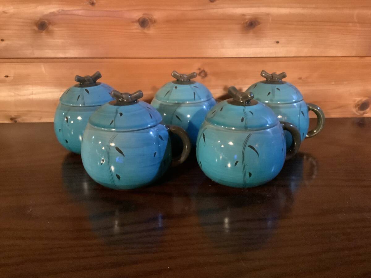 蓋付き　フタつきマグカップ　5セット　水色　ブラウン　陶器　陶磁器_画像1