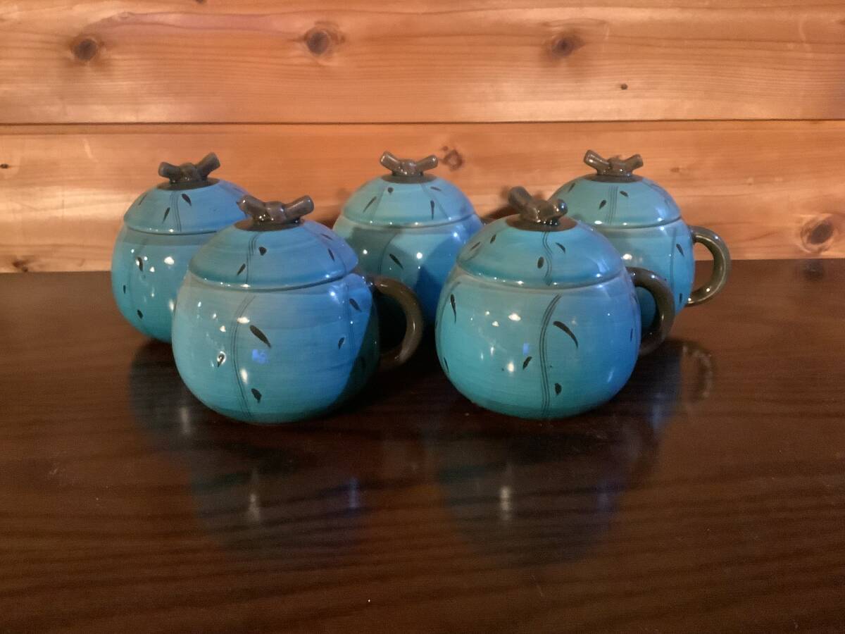 蓋付き　フタつきマグカップ　5セット　水色　ブラウン　陶器　陶磁器_画像2