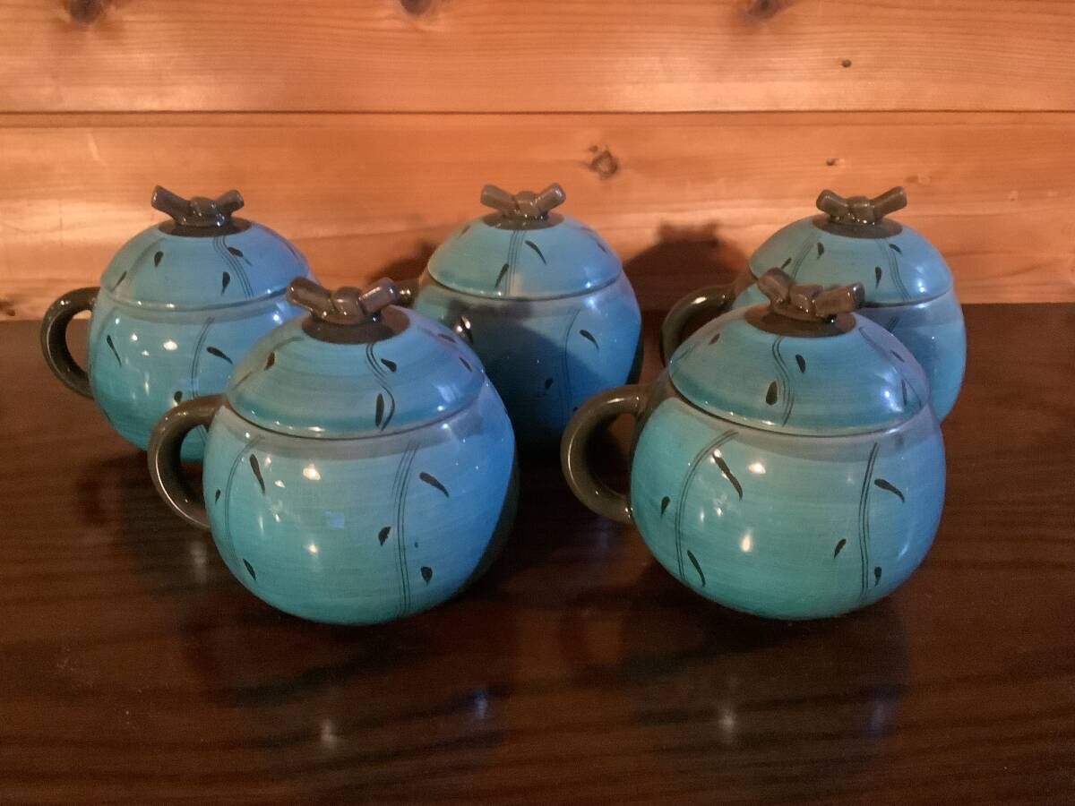 蓋付き　フタつきマグカップ　5セット　水色　ブラウン　陶器　陶磁器_画像3