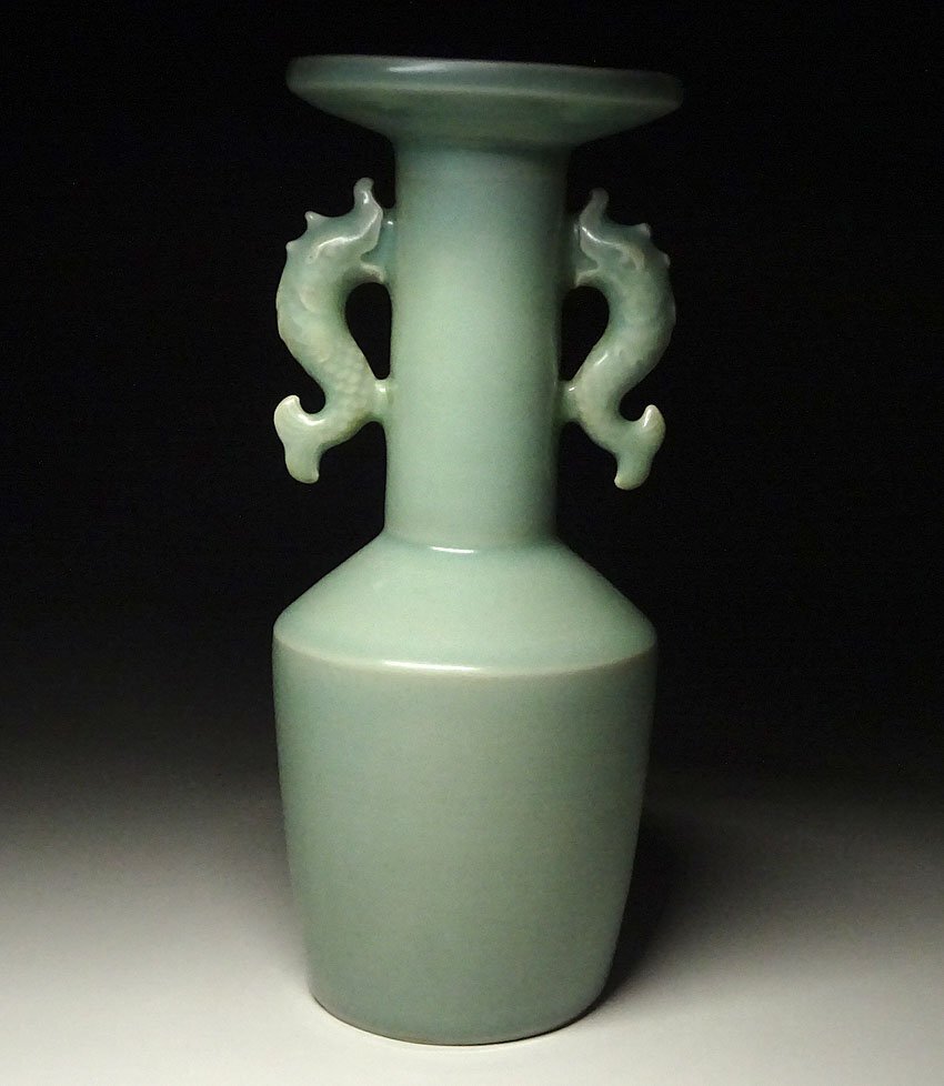 砧青磁 耳付花生 花瓶 陶磁器 古作 龍泉窯 緑屋z□ 中国古玩 青磁 双魚耳 花瓶 壺 龍泉窯 唐物 時代物 i9/7