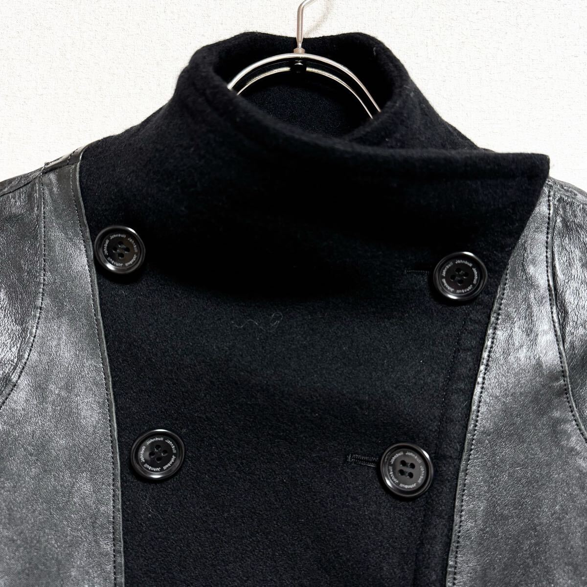 Johnbull ジョンブル ダブルジャケット レザージャケット ウール 切替 羊革 ラムレザー ブラック レディース サイズ S相當(dāng) ＊AO