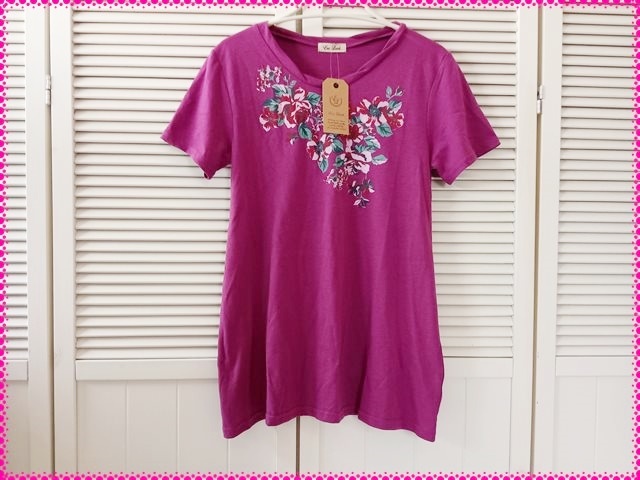 M 新品 花プリントAラインTシャツ パープル チュニック丈