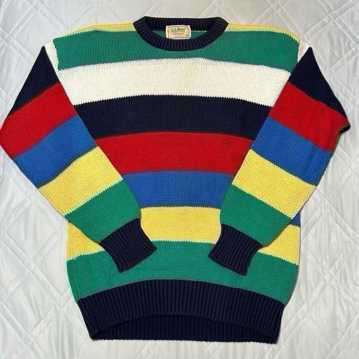 80s エルエルビーン LL.bean マルチカラー コットン ボーダーニット 80's L L Bean マルチボーダーセーター M コットンニット