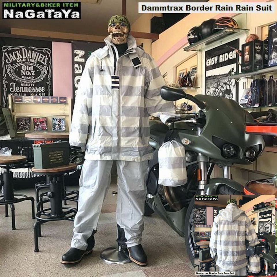 セール ダムトラックス BORDER RAIN バイカーレインウェア Sサイズ プリスナーボーダー 囚人柄 レインスーツ 収納袋付 雨具 合羽 バイク用_画像1