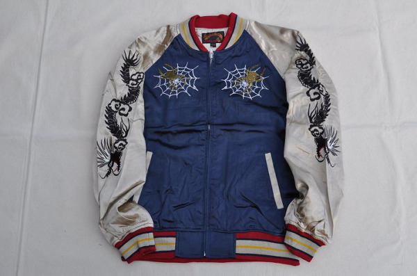 サテンスカジャン骸骨ブルーサイズM新品刺繍5434_画像2