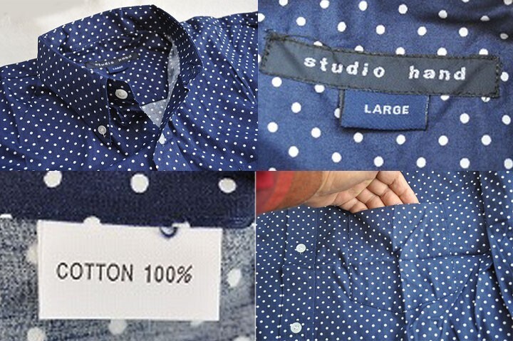 studio hand　　スモールドット ボタンダウンシャツ　サイズLARGE 　新品　ネイビー地にホワイトの小さな水玉_画像5