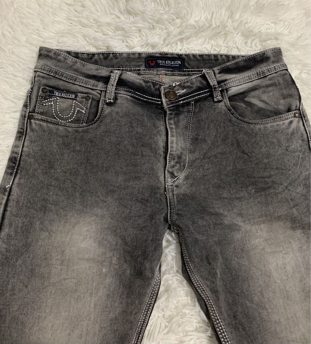 TRUE RELIGION トルゥーレリジョン　デニム　ジーンズ　ストレッチ　刺繍ロゴ　グレー　FREE_画像3
